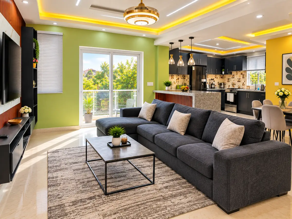 A living room with balcony